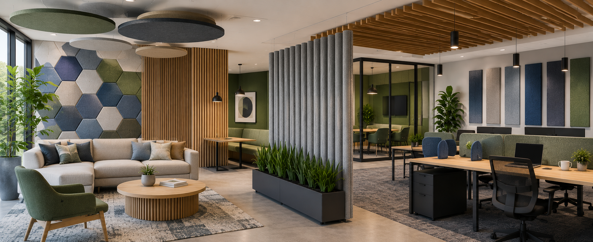 Modern workplace featuring wall panels, ceiling baffles, screens, and other acoustic solutions