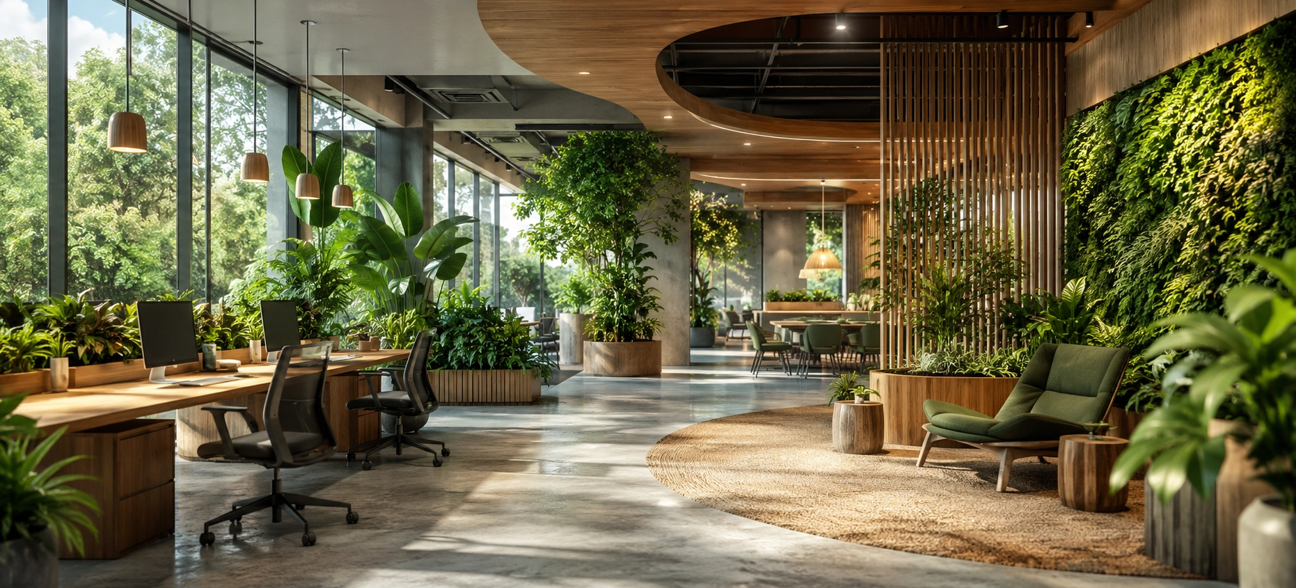 Modern workplace with plants and natural design elements