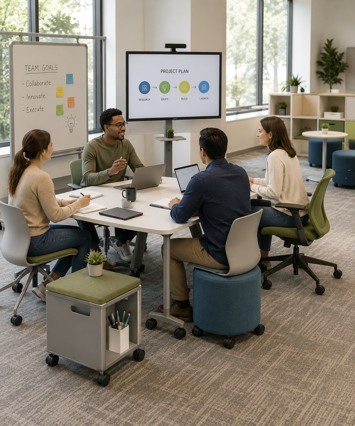Flexible room arranged for collaborative teamwork