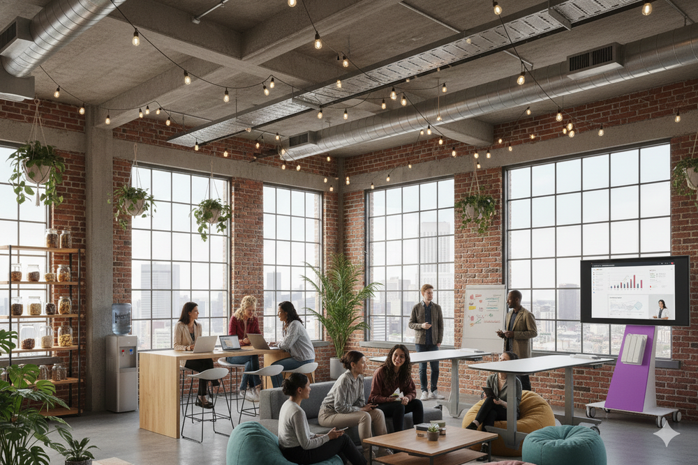 Collaborative office lounge with people using laptops