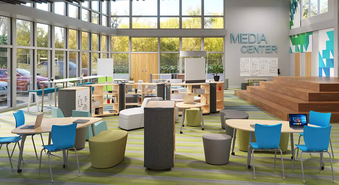 Modern flexible classroom with student tables
