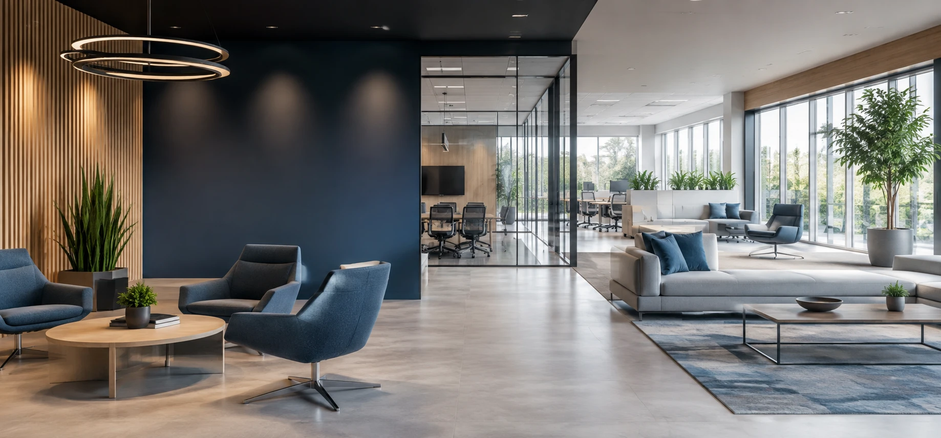 Contemporary workplace lounge designed for collaboration and informal meetings