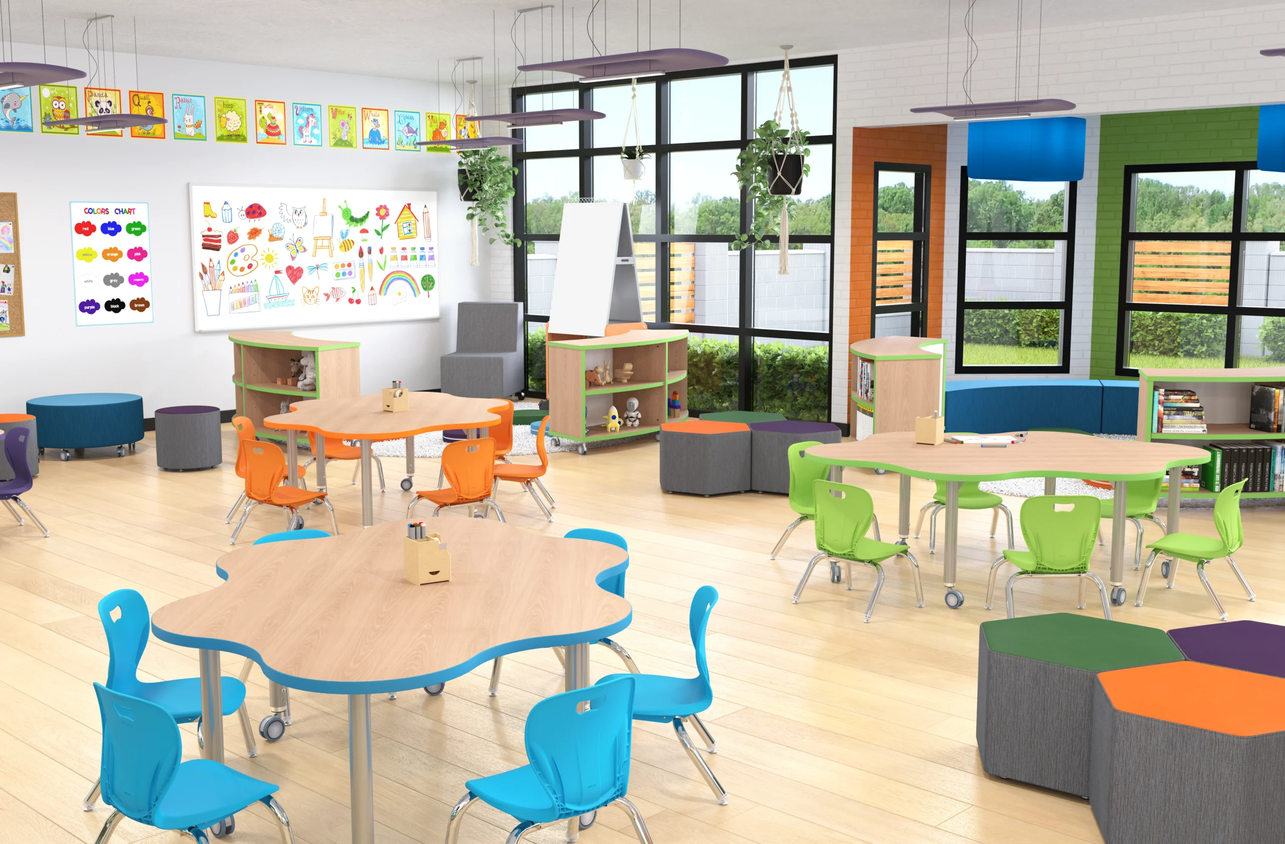 Modern flexible classroom with student tables