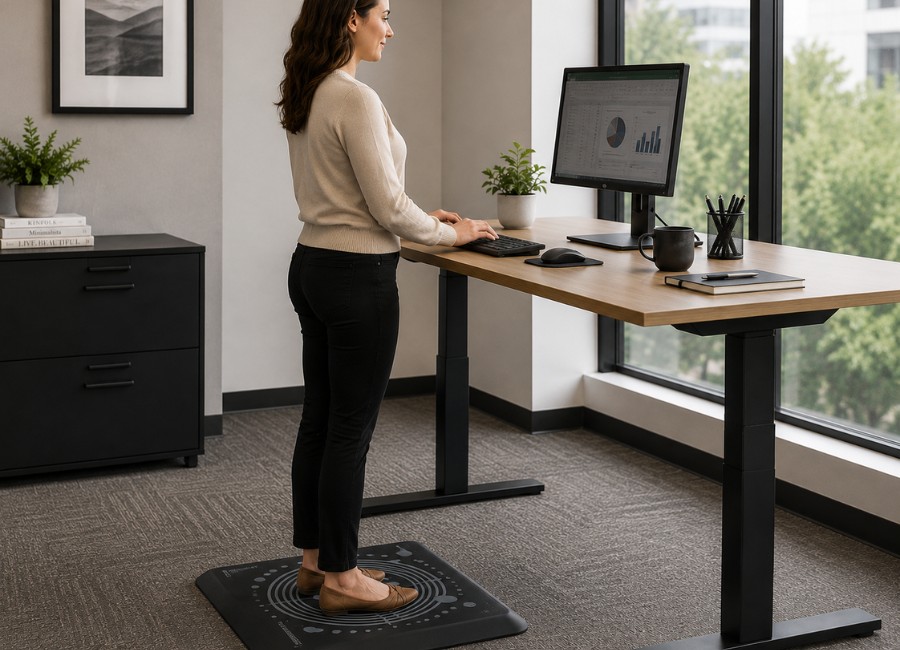 Anti-fatigue mat placed in front of a standing desk
