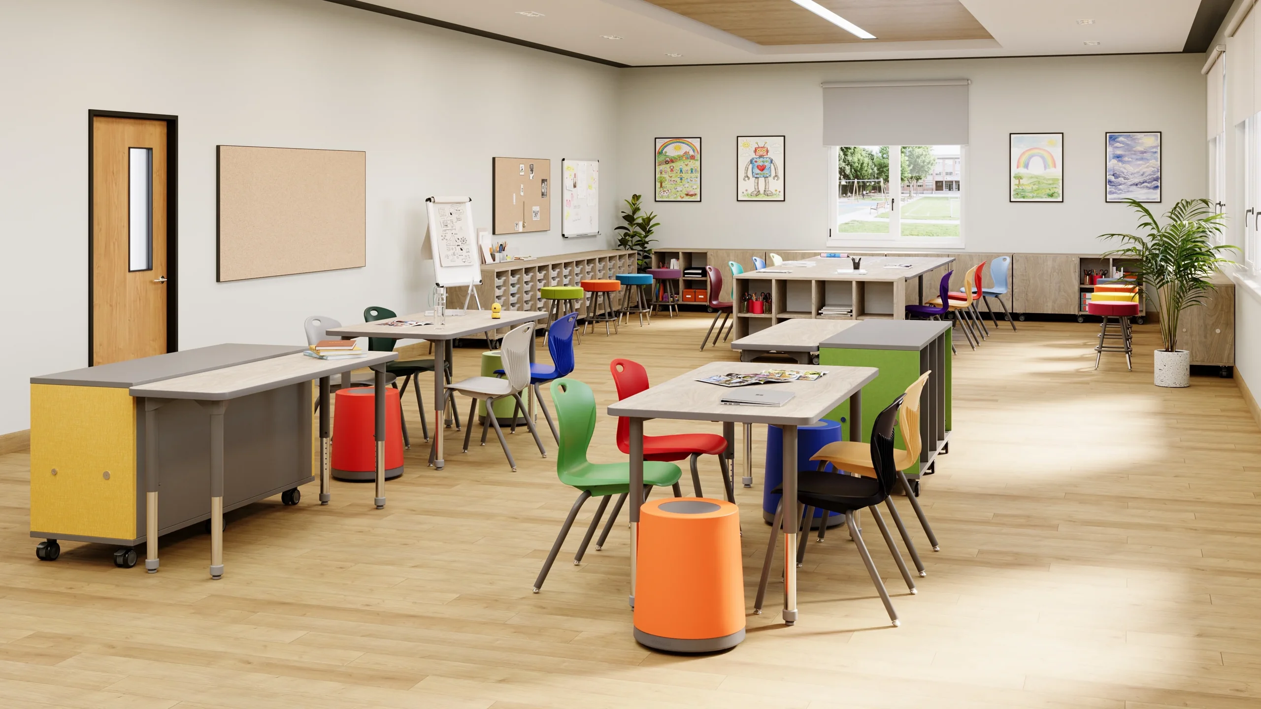 Modern flexible classroom with student tables