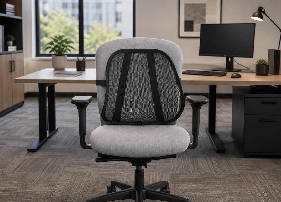 Contoured back support cushion for an office chair