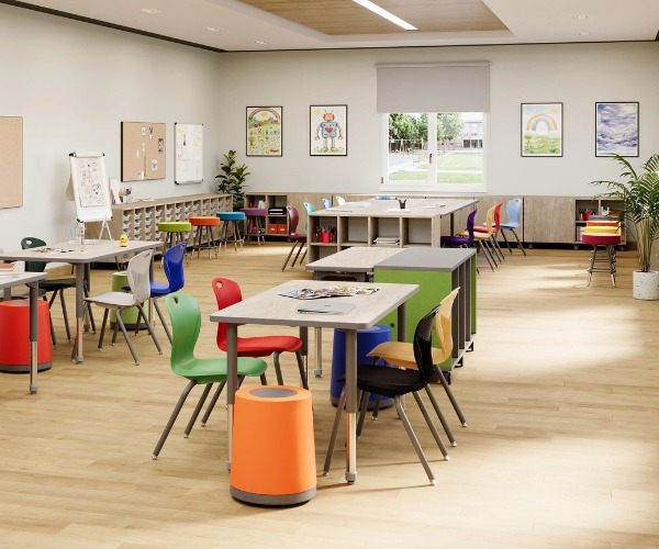Flexible classroom furniture arranged for student learning