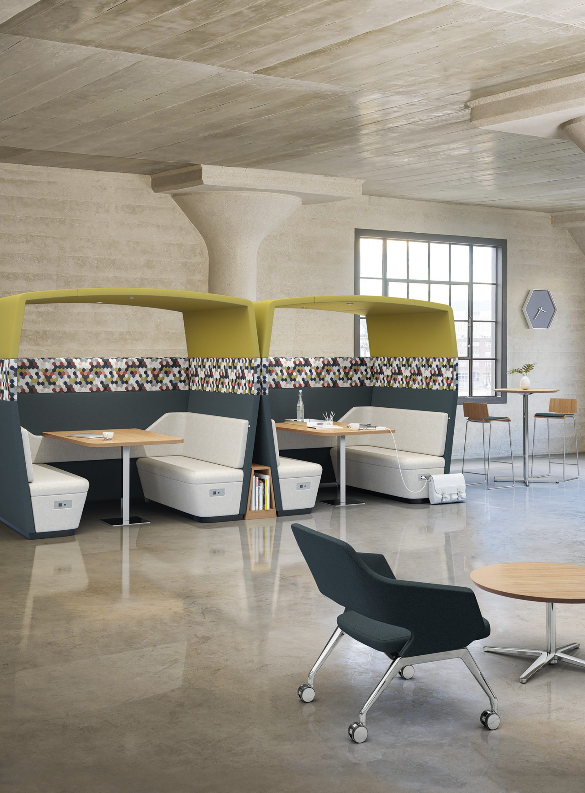 Corporate breakroom with varied seating