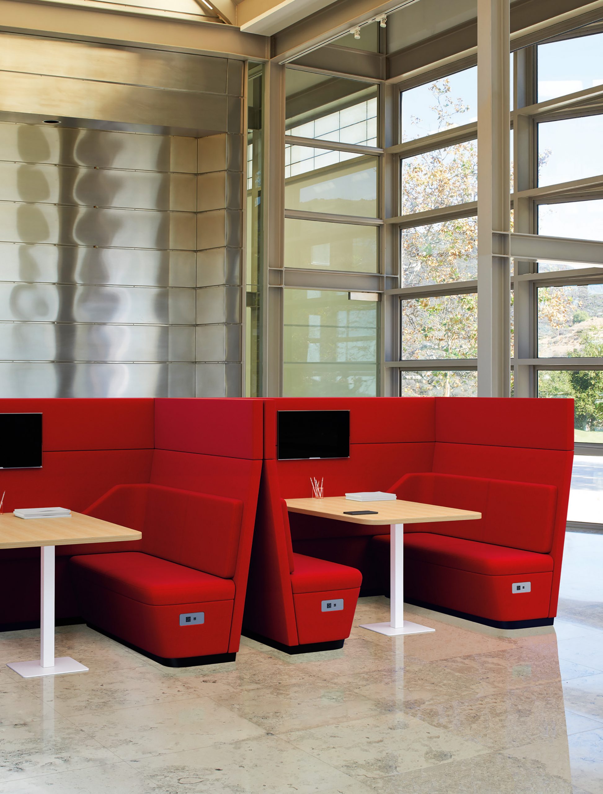 Workplace social hub with lounge furniture