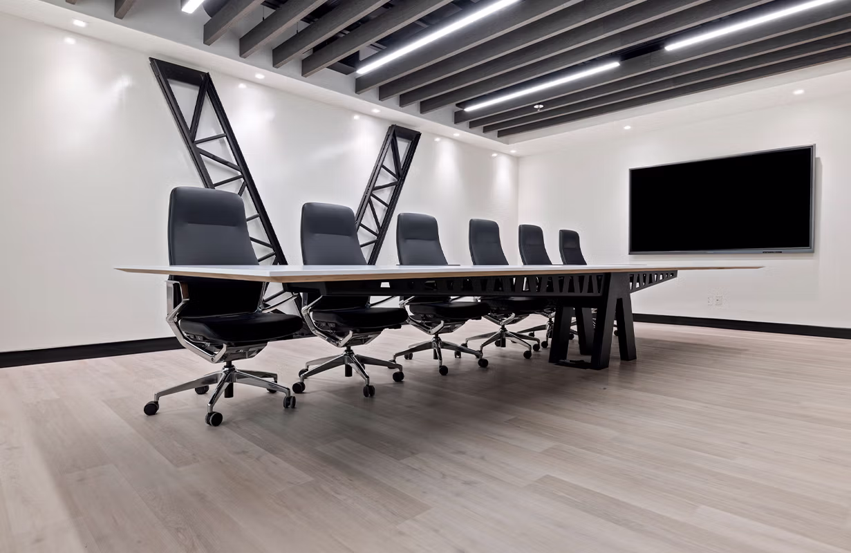 Corporate conference room prepared for an in-person and virtual meeting