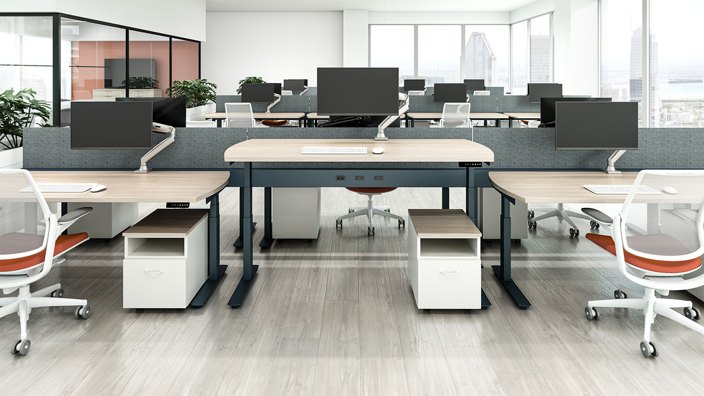 Workstations with storage and acoustic screens