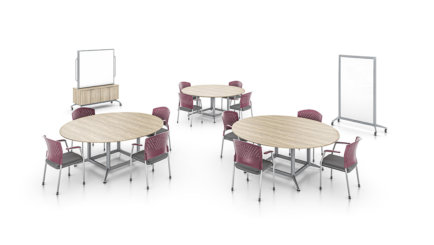 Enwork Zori mobile monitor stand and whiteboard in a collaborative lounge