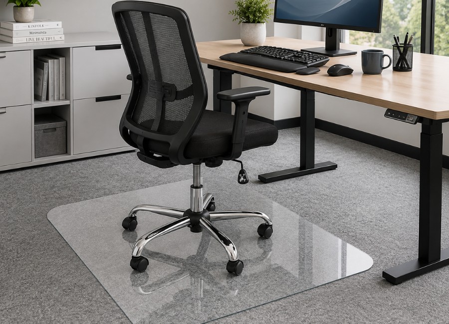 Glass chair mat beneath an office chair