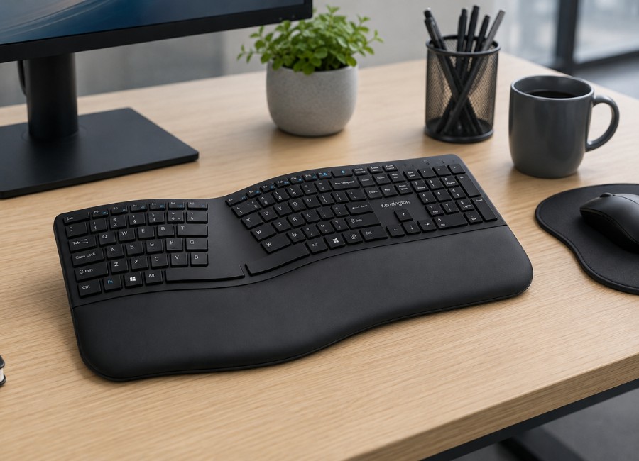 Ergonomic keyboard with a divided and angled design