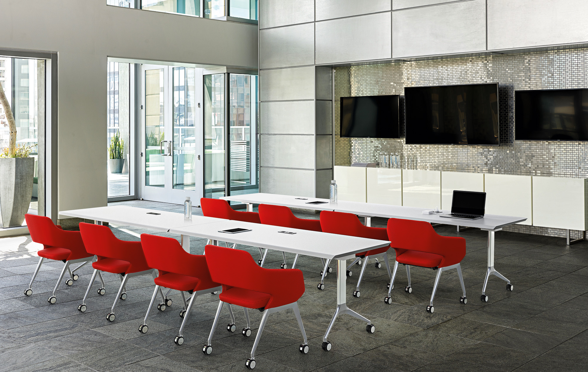 Corporate classroom arranged for instruction