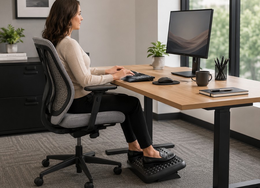 Adjustable footrest positioned beneath a desk