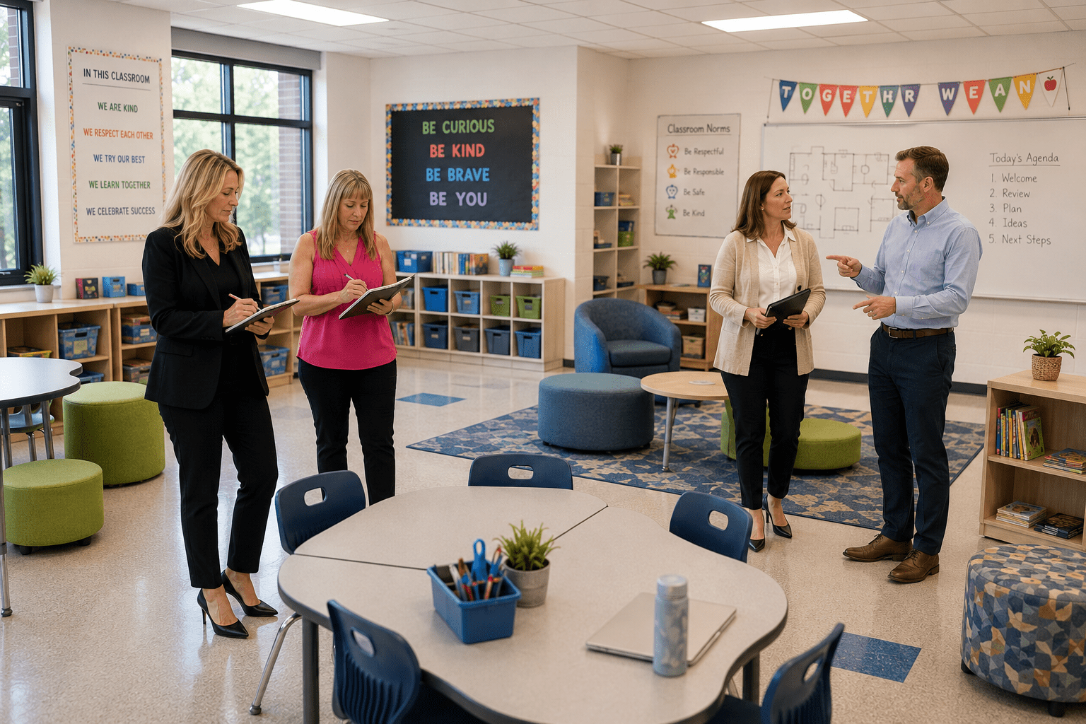 Furniture specialist walking through a school classroom