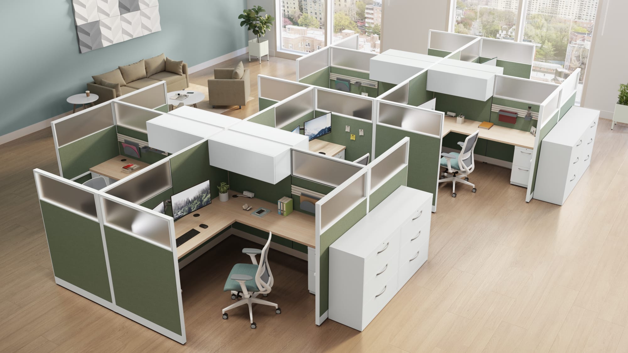 HON Accelerate gallery panels with height-adjustable desks