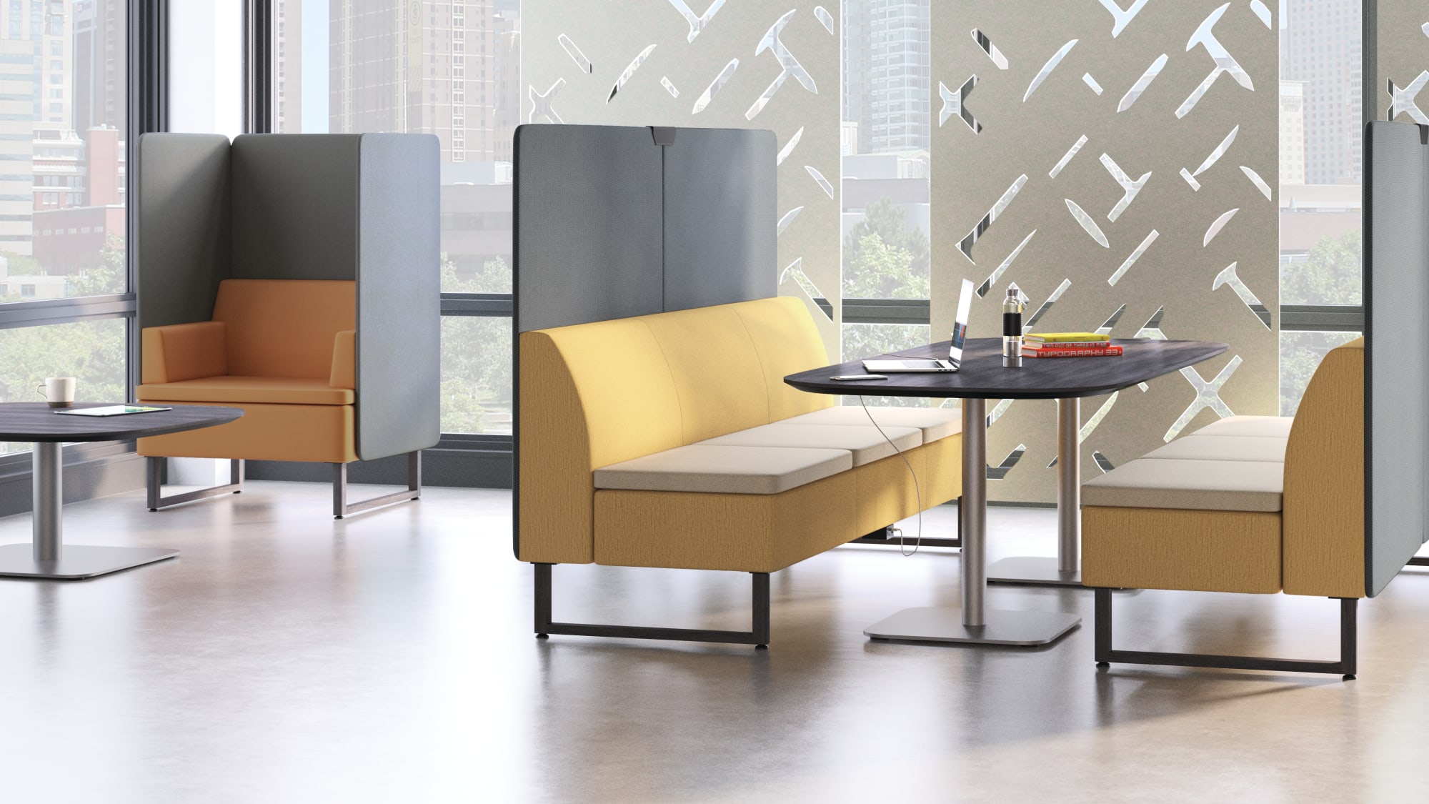 Corporate breakroom with varied seating