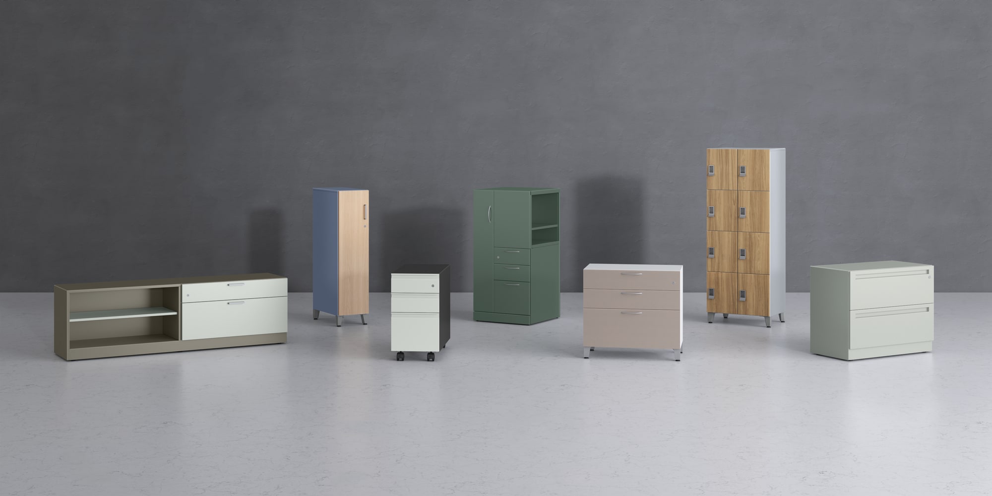 Personal lockers integrated into a modern collaborative workplace