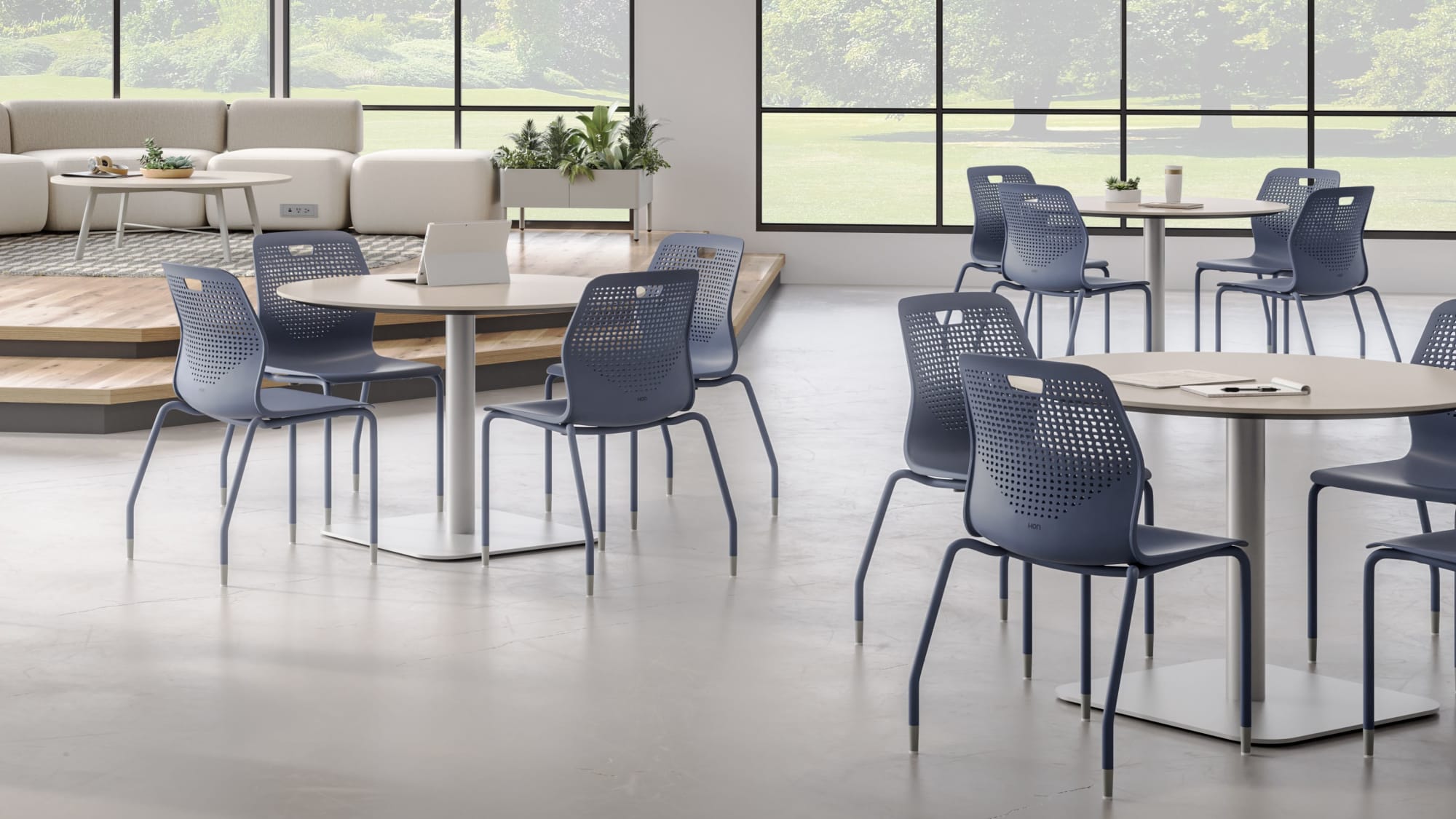 Workplace social hub with lounge furniture