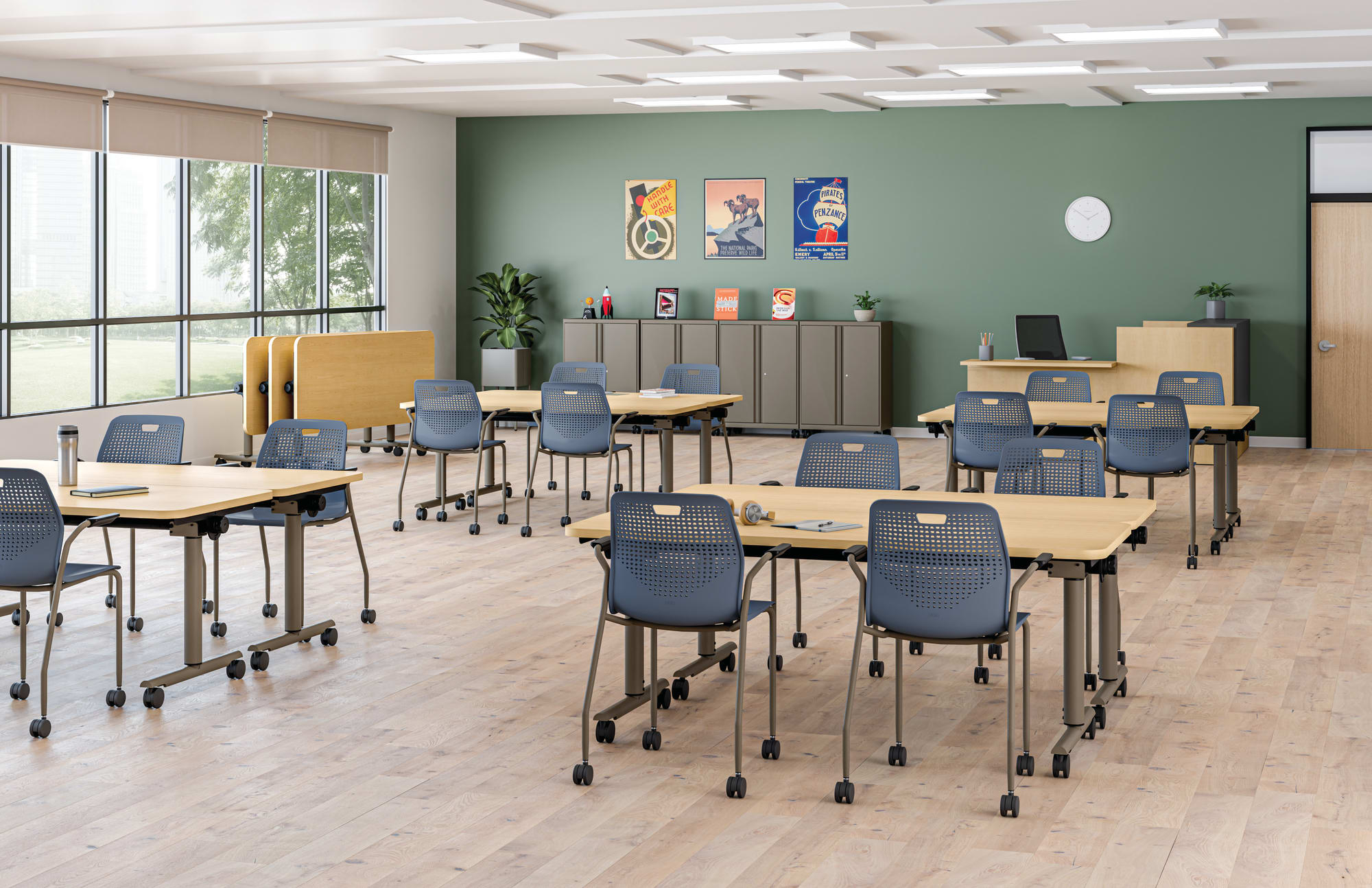 Modern flexible classroom with student tables