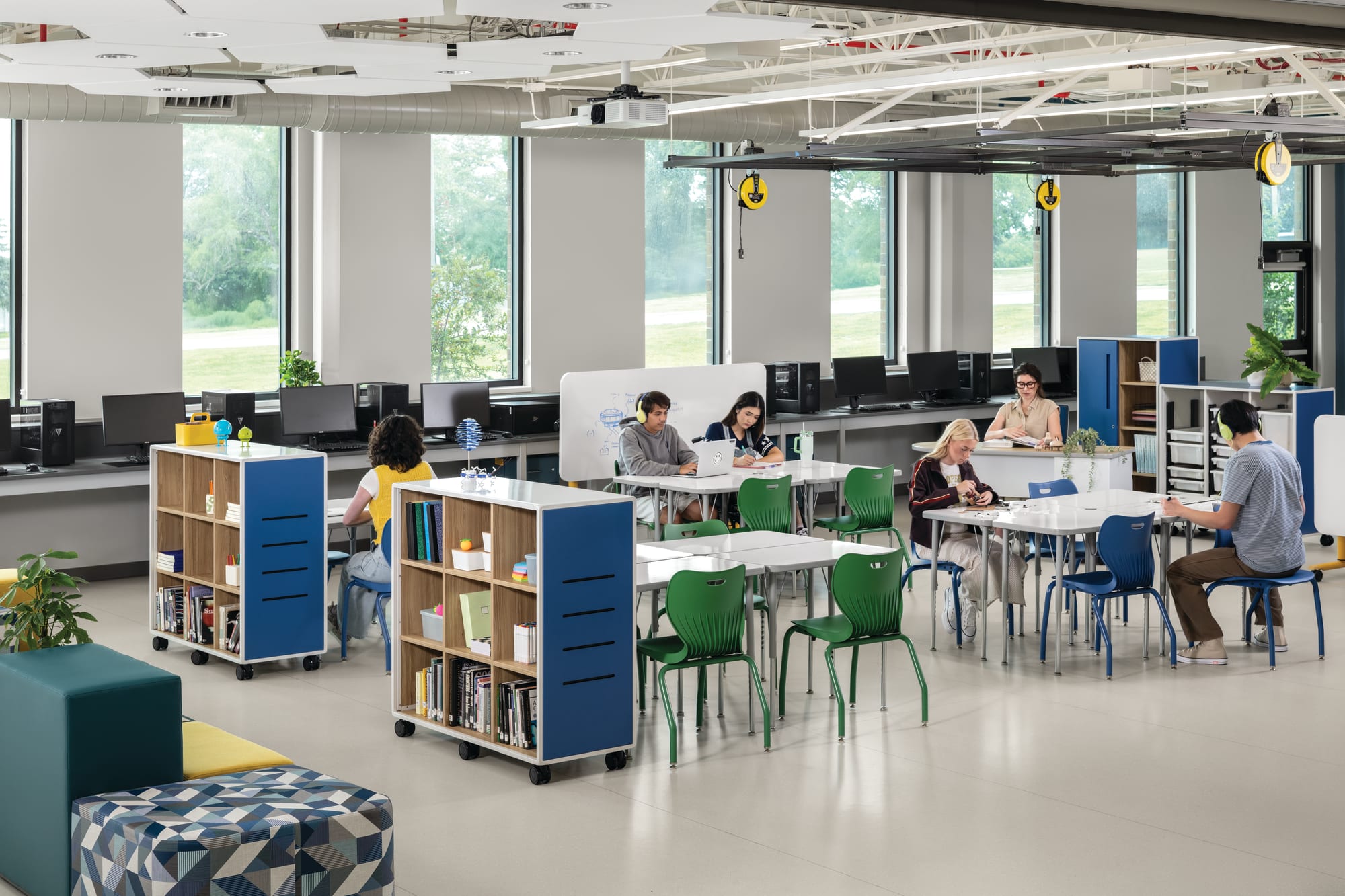 Elementary students in a bright classroom
