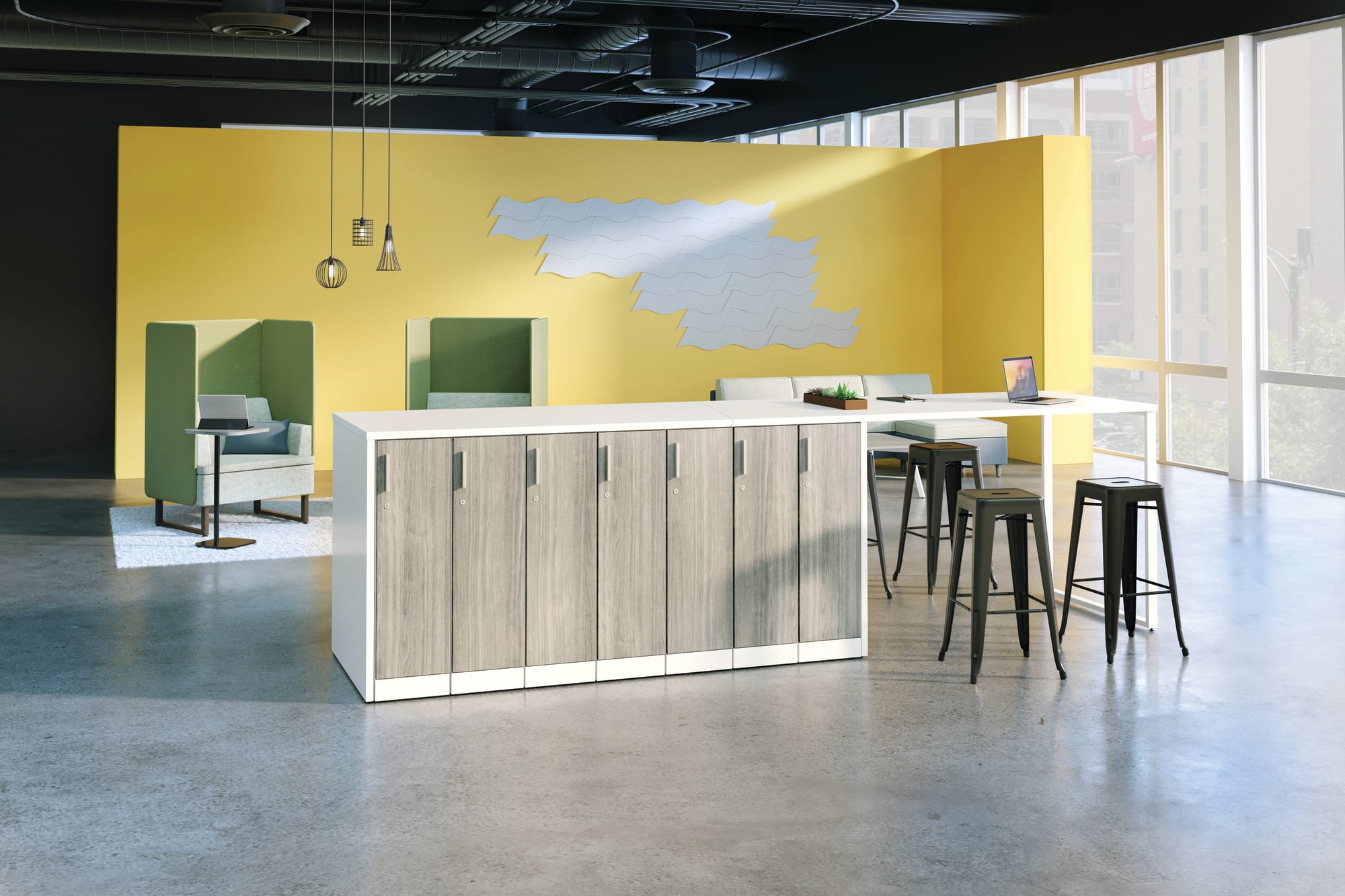 HON Contain lockers with a collaborative standing-height surface