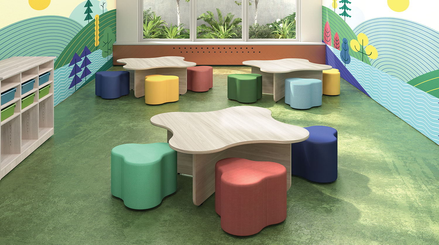 Modern flexible classroom with student tables