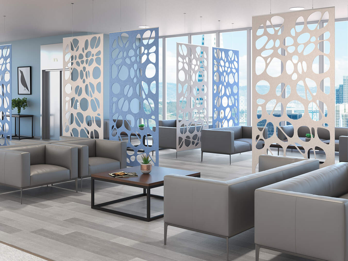 Social workspace with suspended acoustic elements