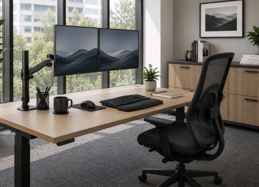 Dual adjustable monitor arms mounted to an office desk