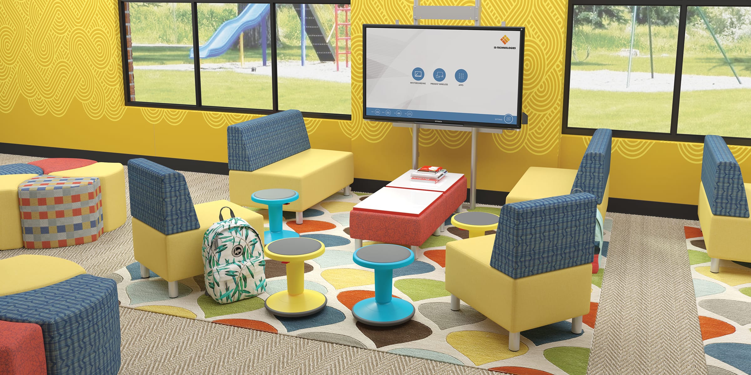 Elementary students in a bright classroom