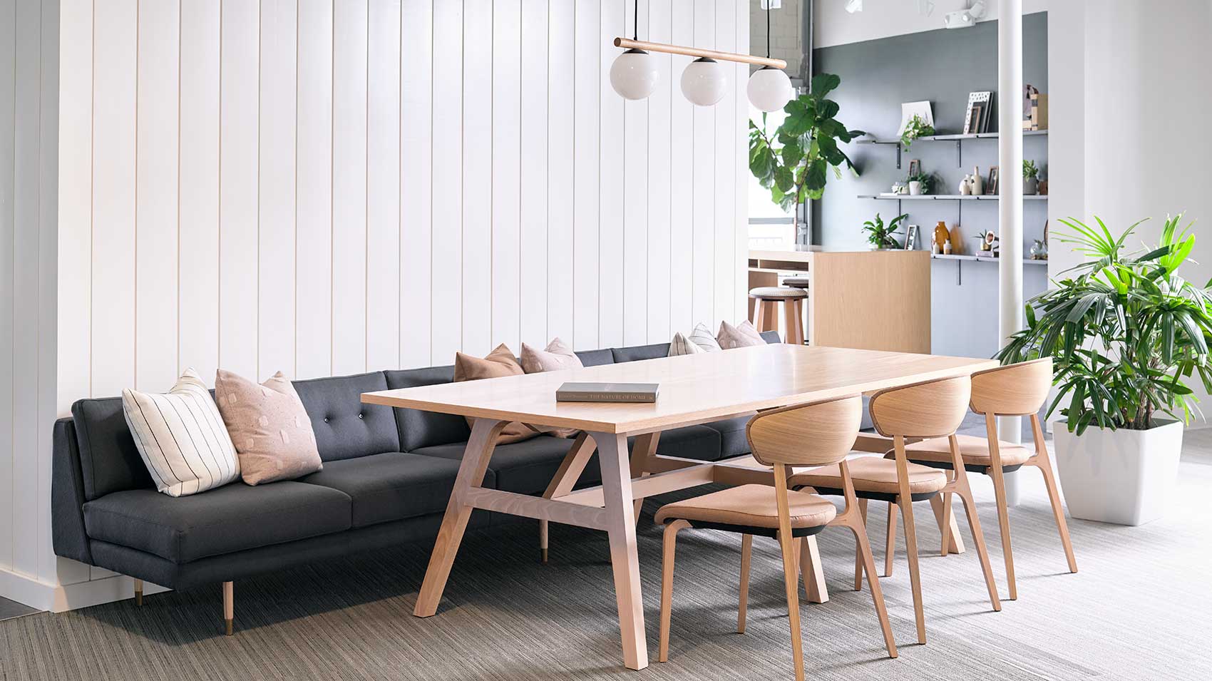 Workplace social hub with lounge furniture