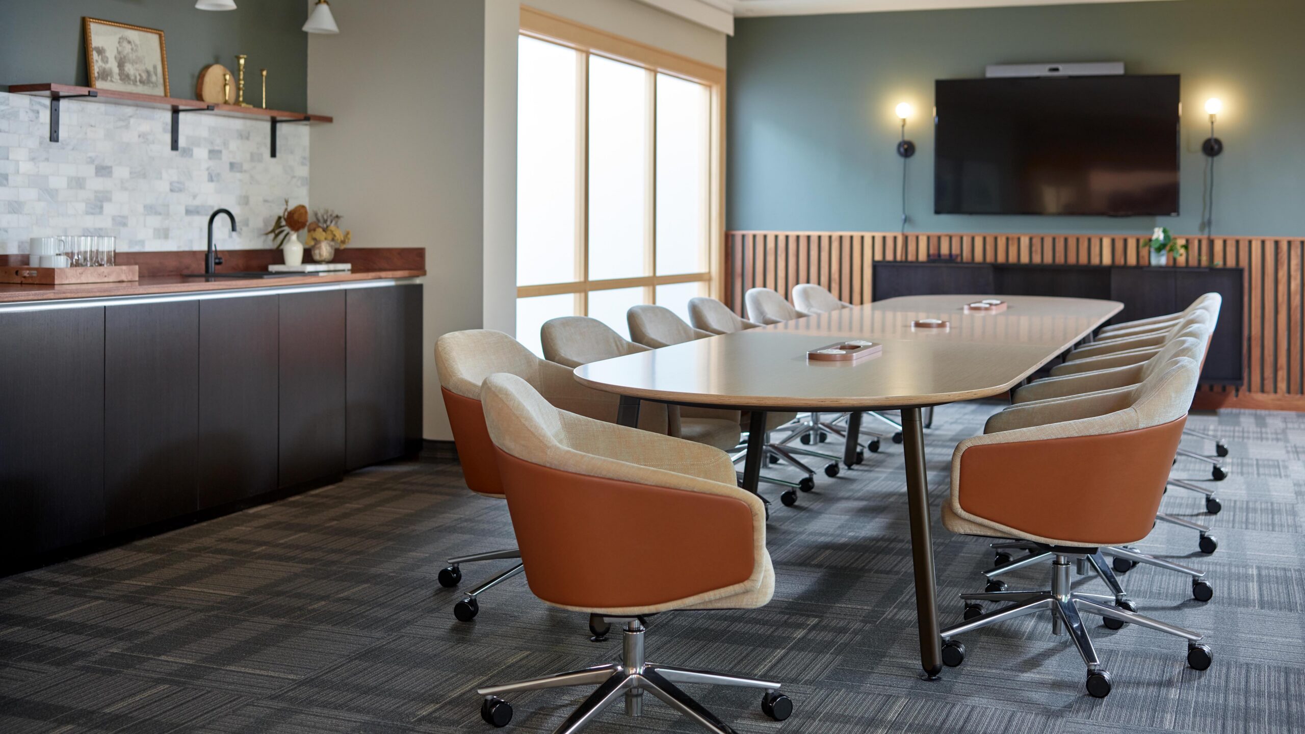 Corporate classroom arranged for instruction