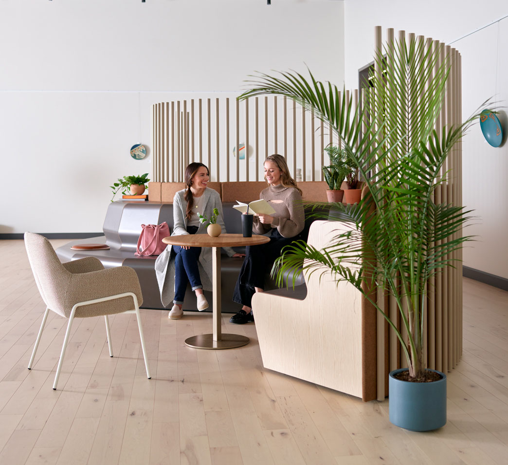 Workplace social hub with lounge furniture