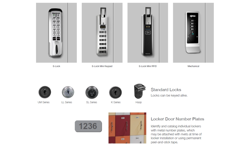 Electronic, RFID, mechanical, and keyed locker options