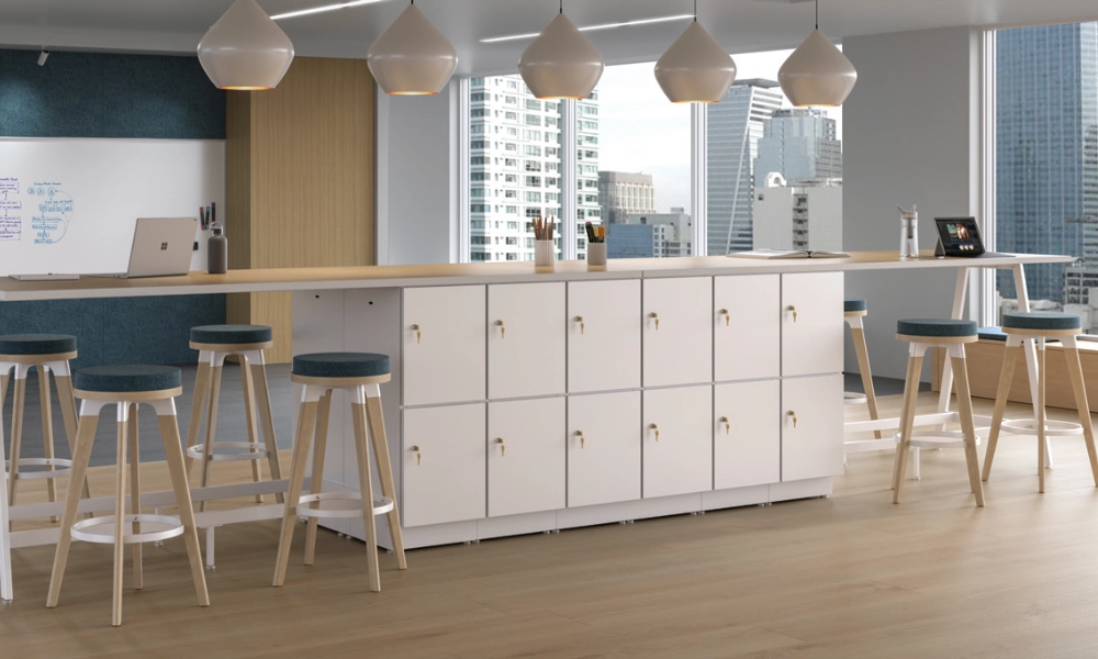 Safco RESI storage island with lockers and a collaborative worksurface