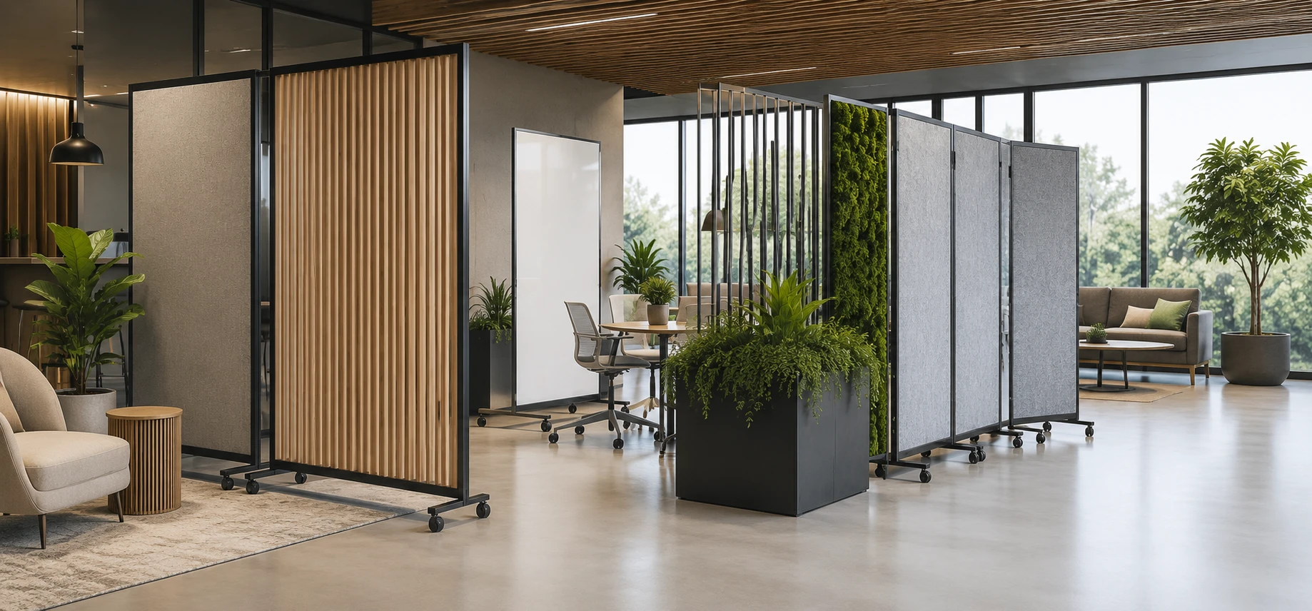 Room dividers and privacy screens in a flexible modern workplace