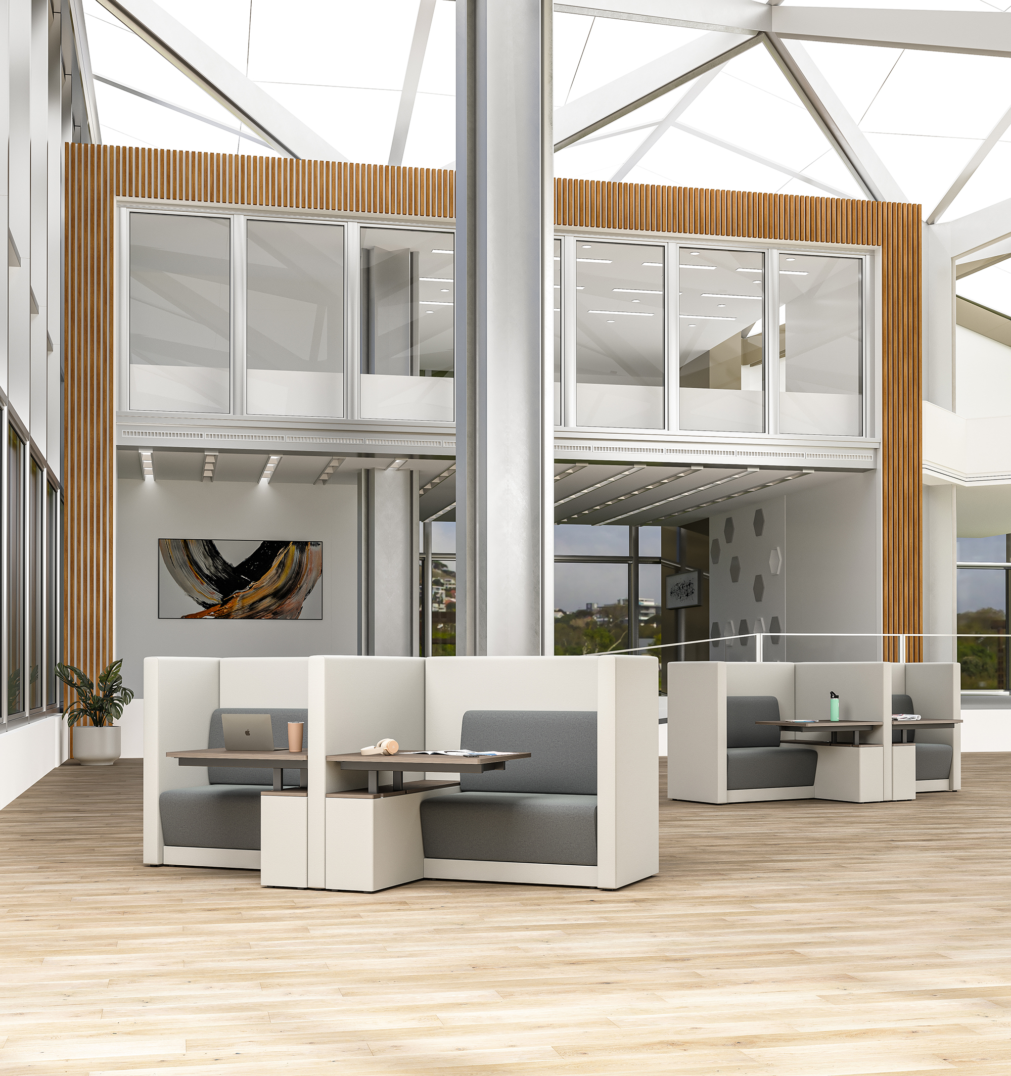 Workplace social hub with lounge furniture