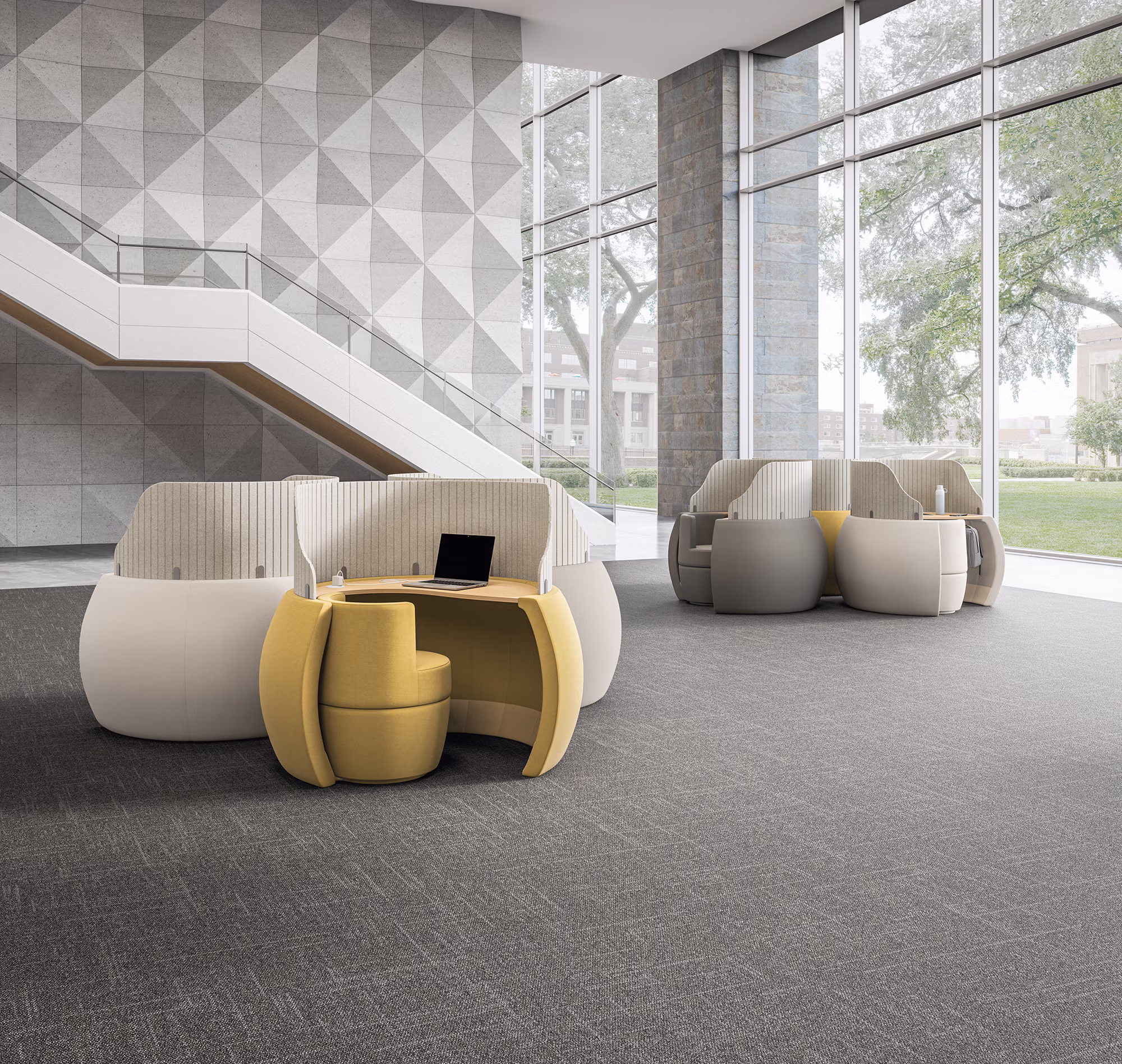 Open team meeting space with display