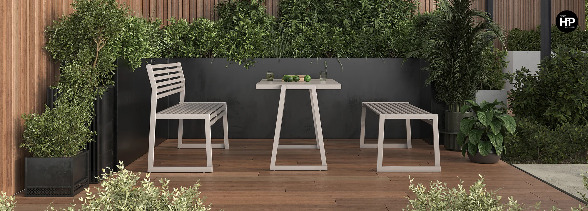 Green outdoor seating setting