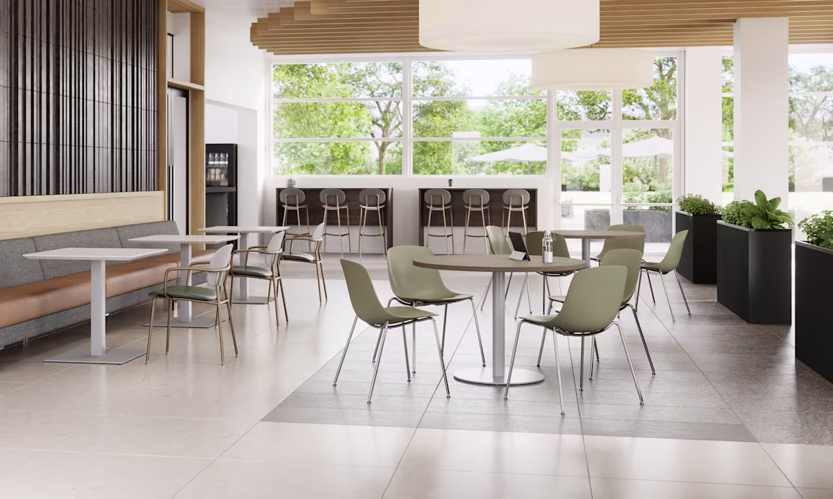 Corporate breakroom with varied seating