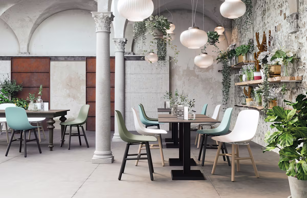 Employee dining area with communal tables