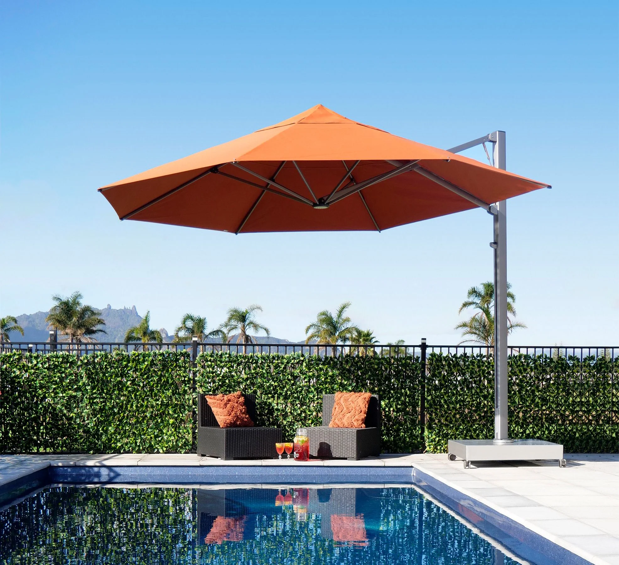 Commercial outdoor seating beneath shade