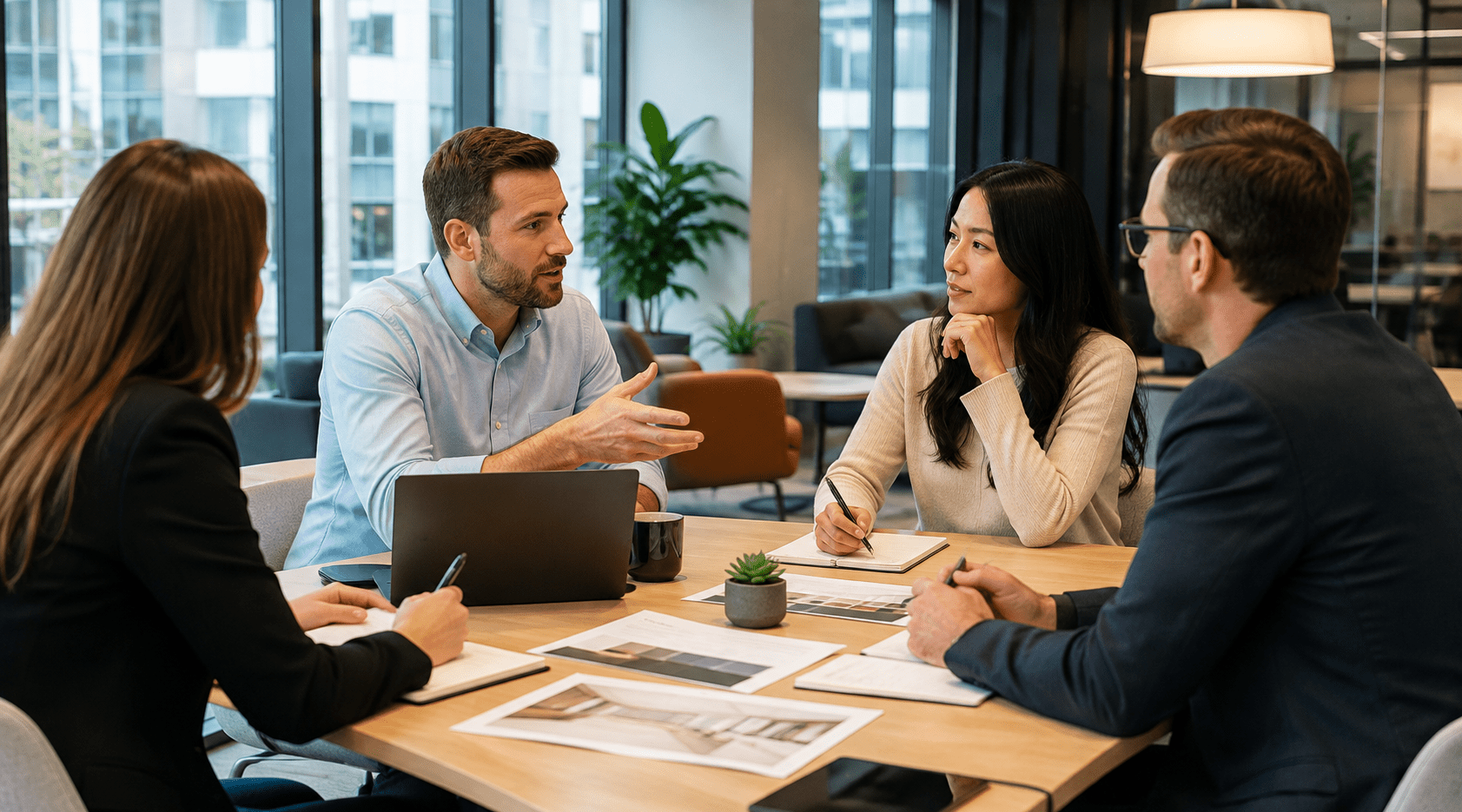 Corporate team discussing workplace goals