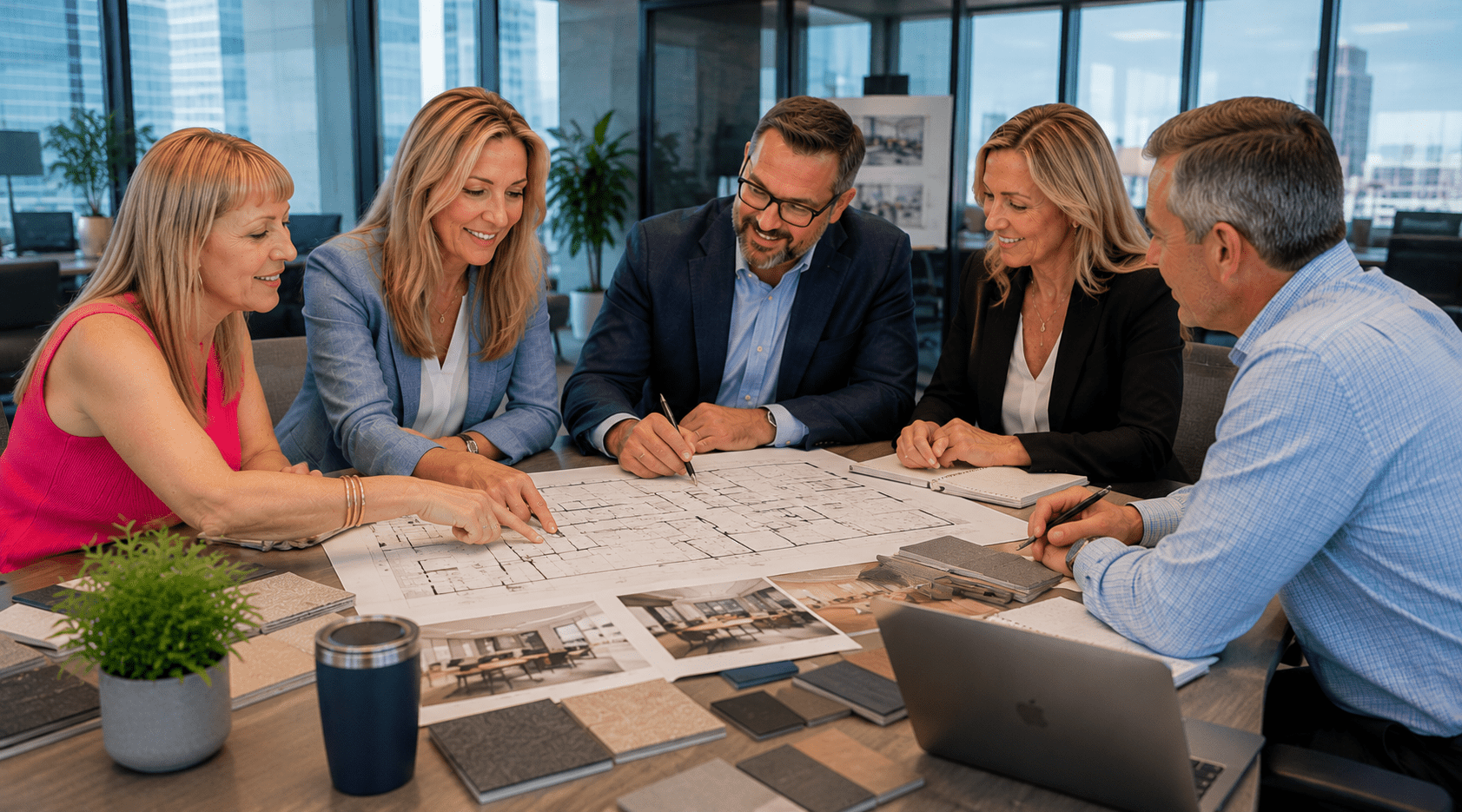 Corporate team reviewing office furniture plans