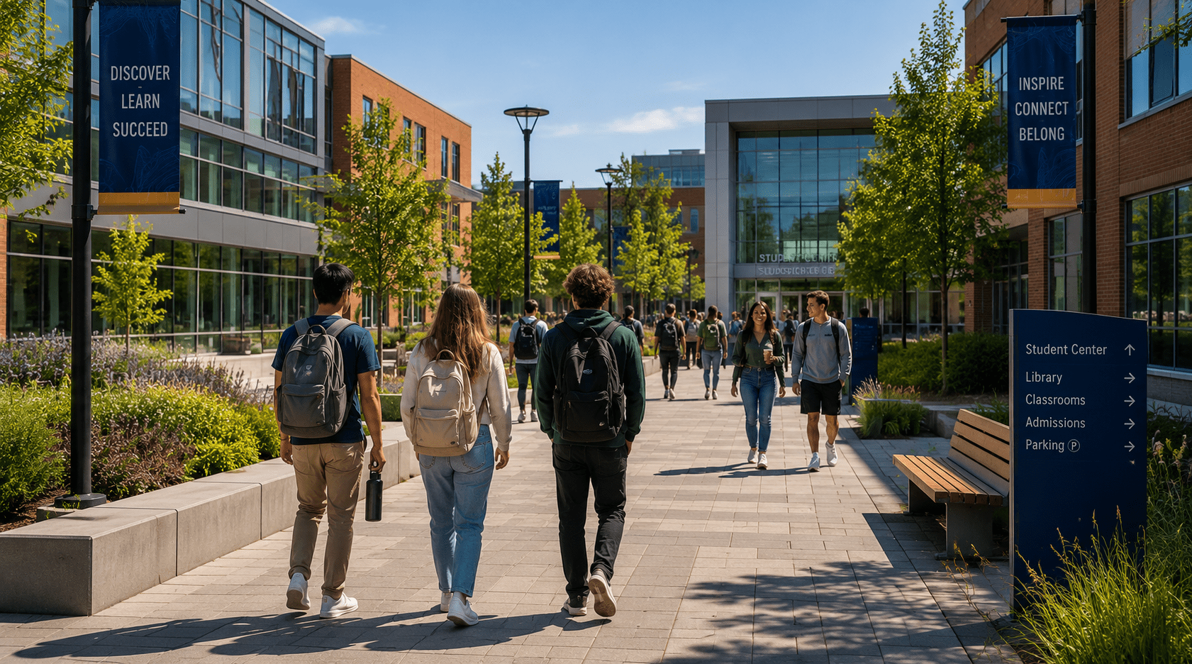 Students walking through a modern college campus